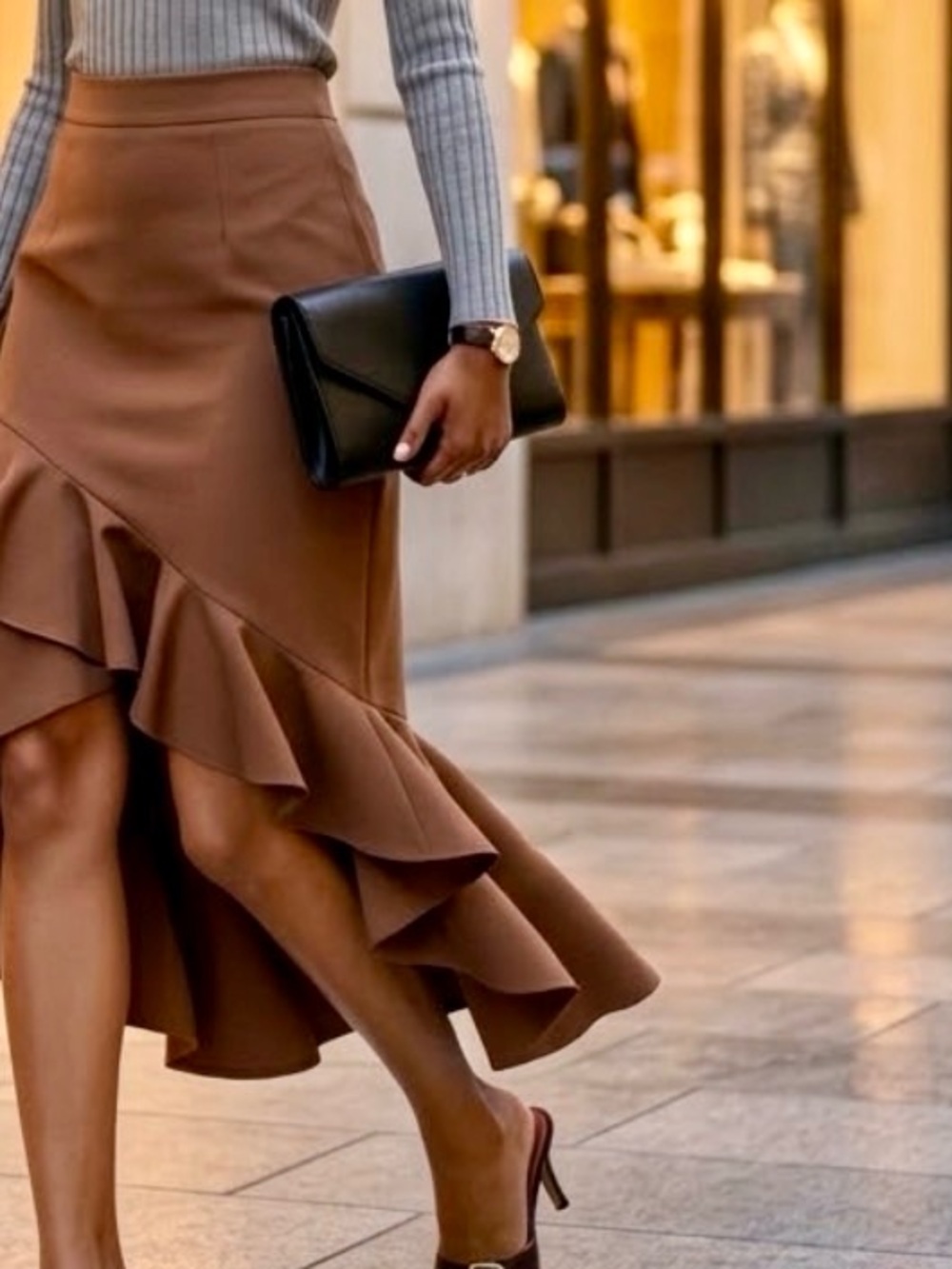 NWT FAVLUX Size S Caramel Tan Brown Asymmetrical Ruffle Waterfall Midi Skirt